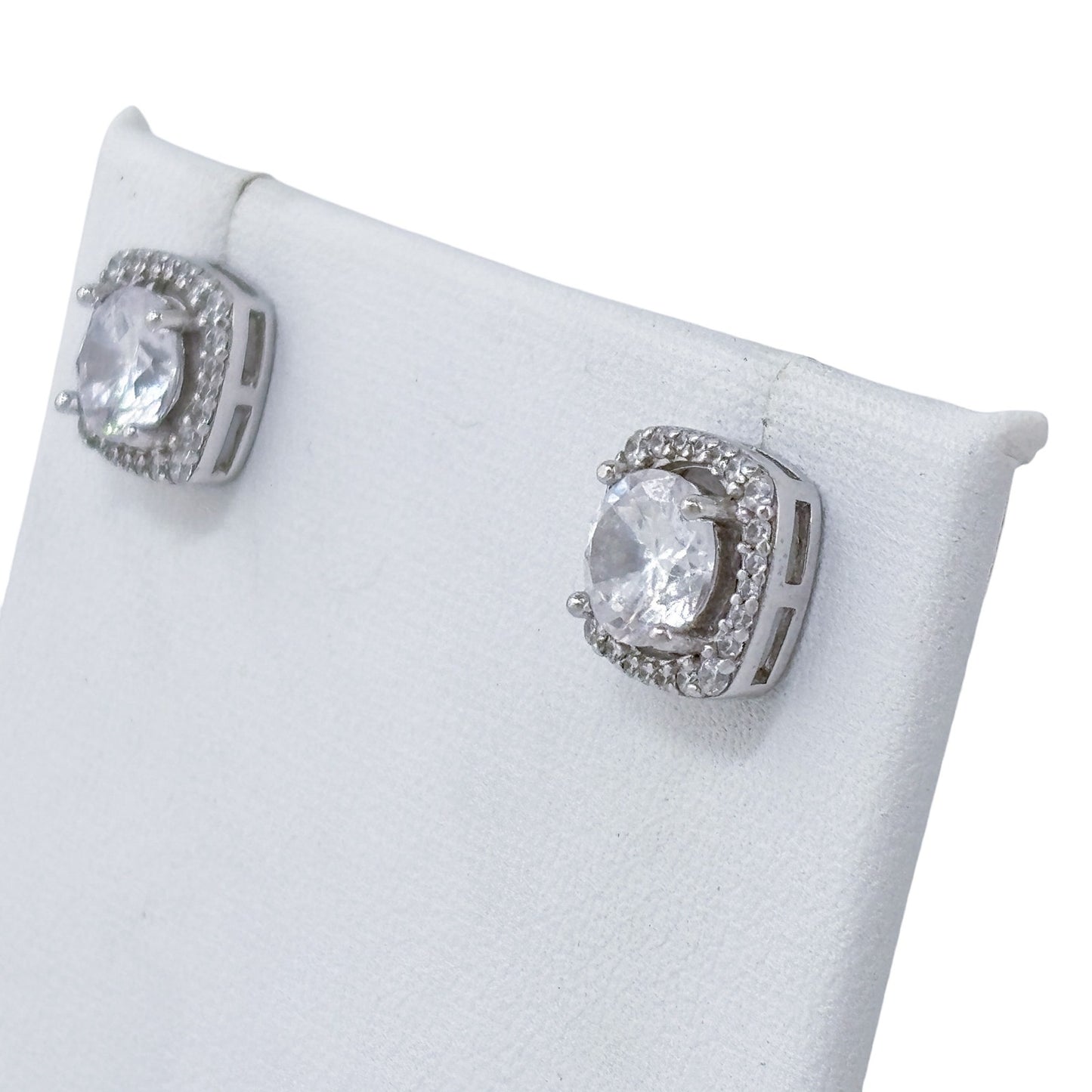 Vintage Sterling Silver 925 Cubic Zirconia Square Halo Stud Earrings