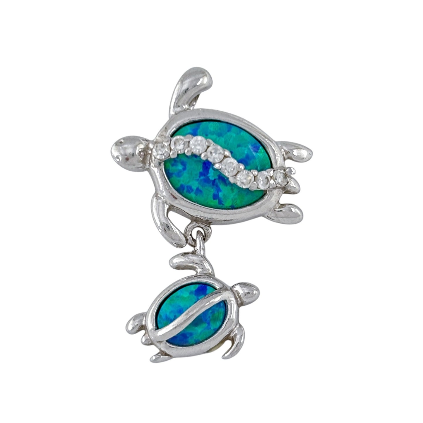 Vintage Sterling Silver 925 Opal CZ Turtle Mother Baby Pendant