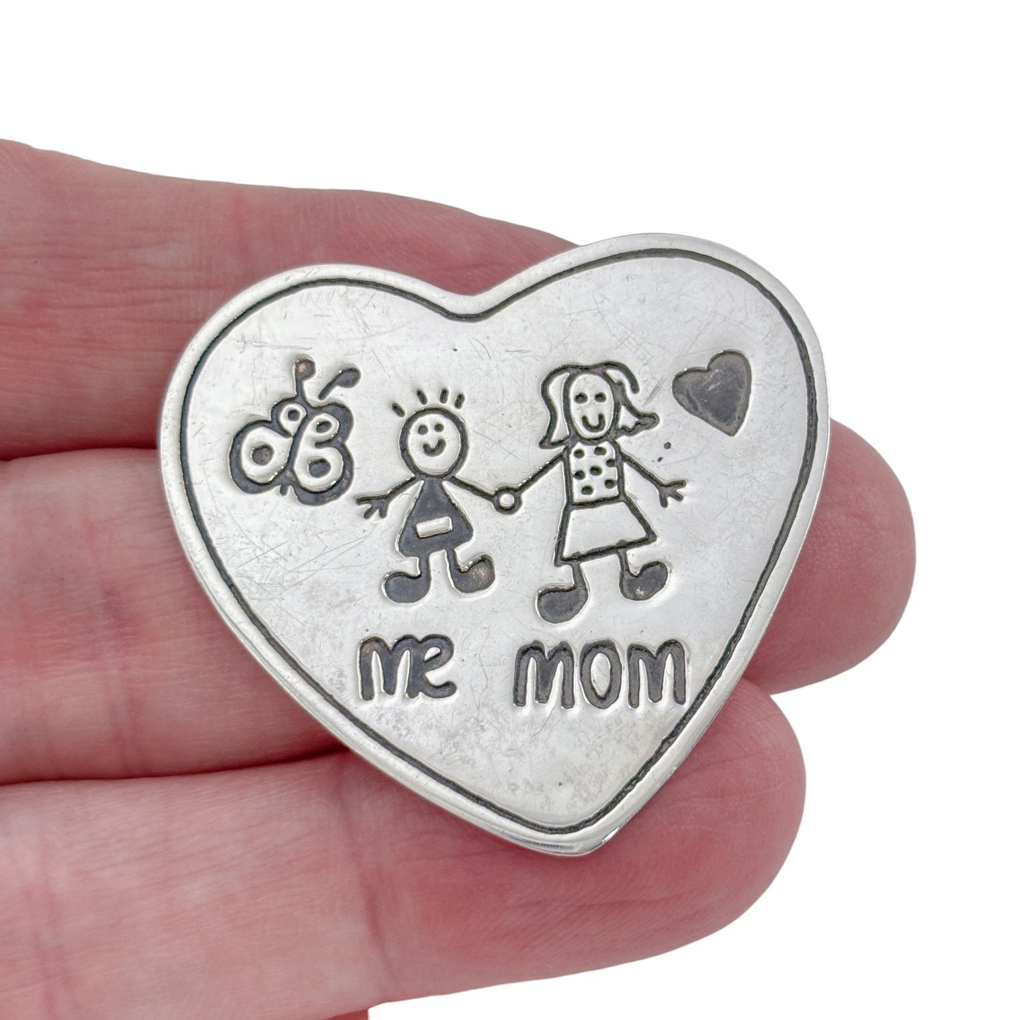 Vintage Mexico EFS Sterling Silver 925 Mommy and Child Heart Pin Brooch