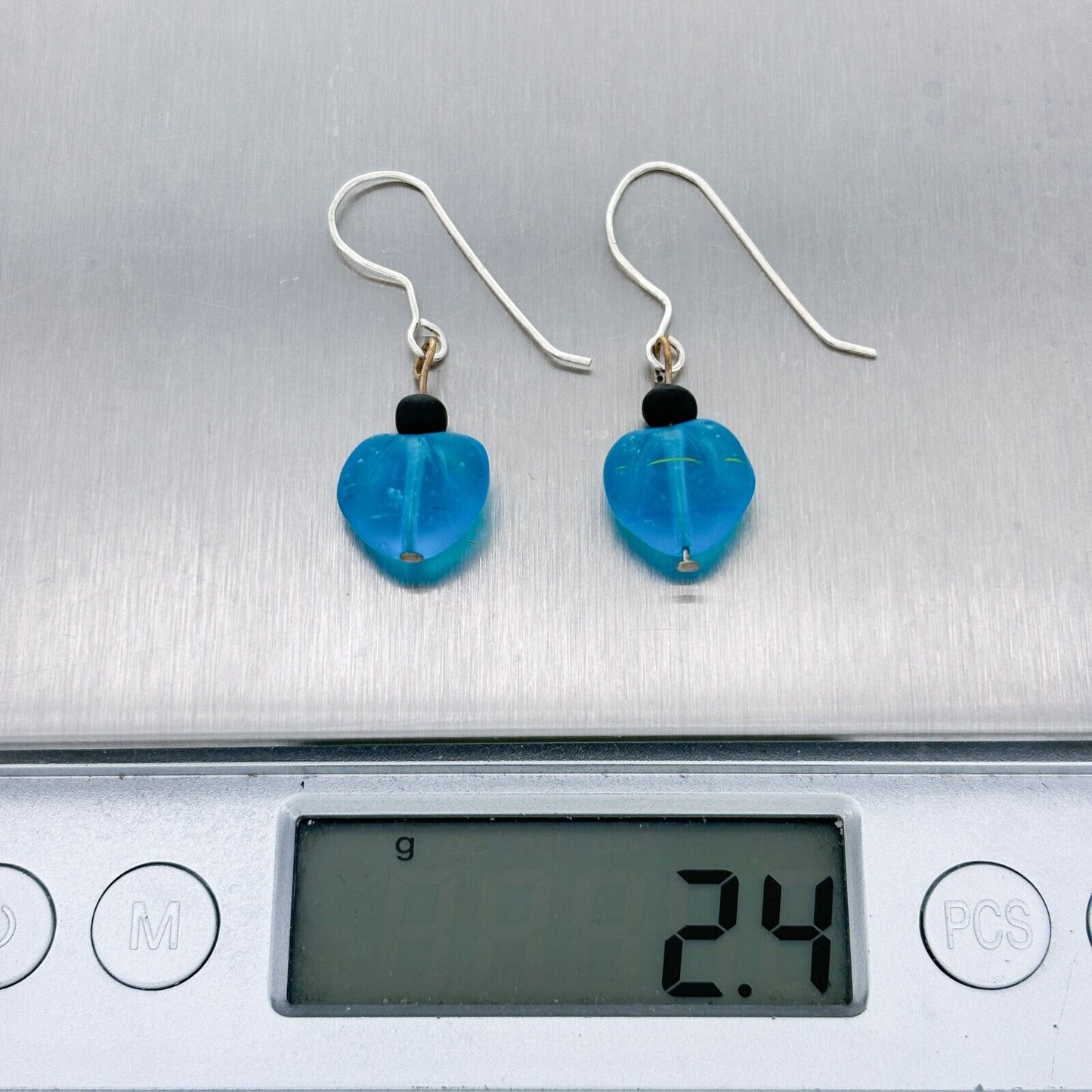 Vintage Silver Tone Blue Sea Glass Heart Dangle Earrings