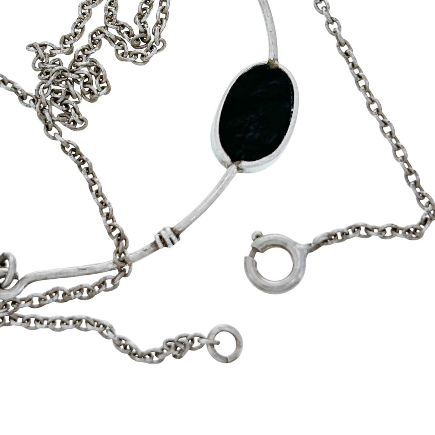 Vintage Silver-Tone Oval Black Resin Pendant Necklace 15"