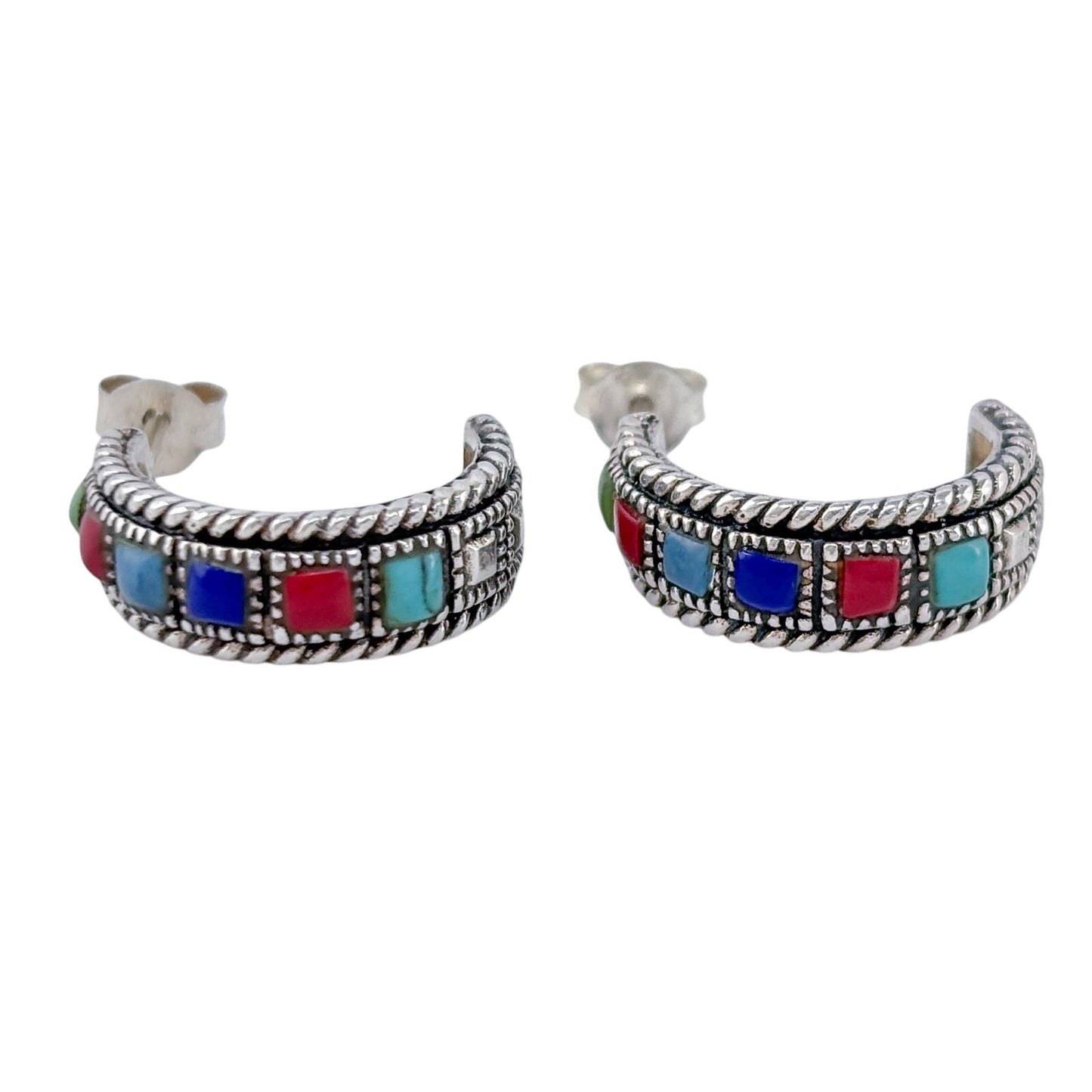 Estate Sterling Silver 925 Multi Gemstone Hoop Earrings