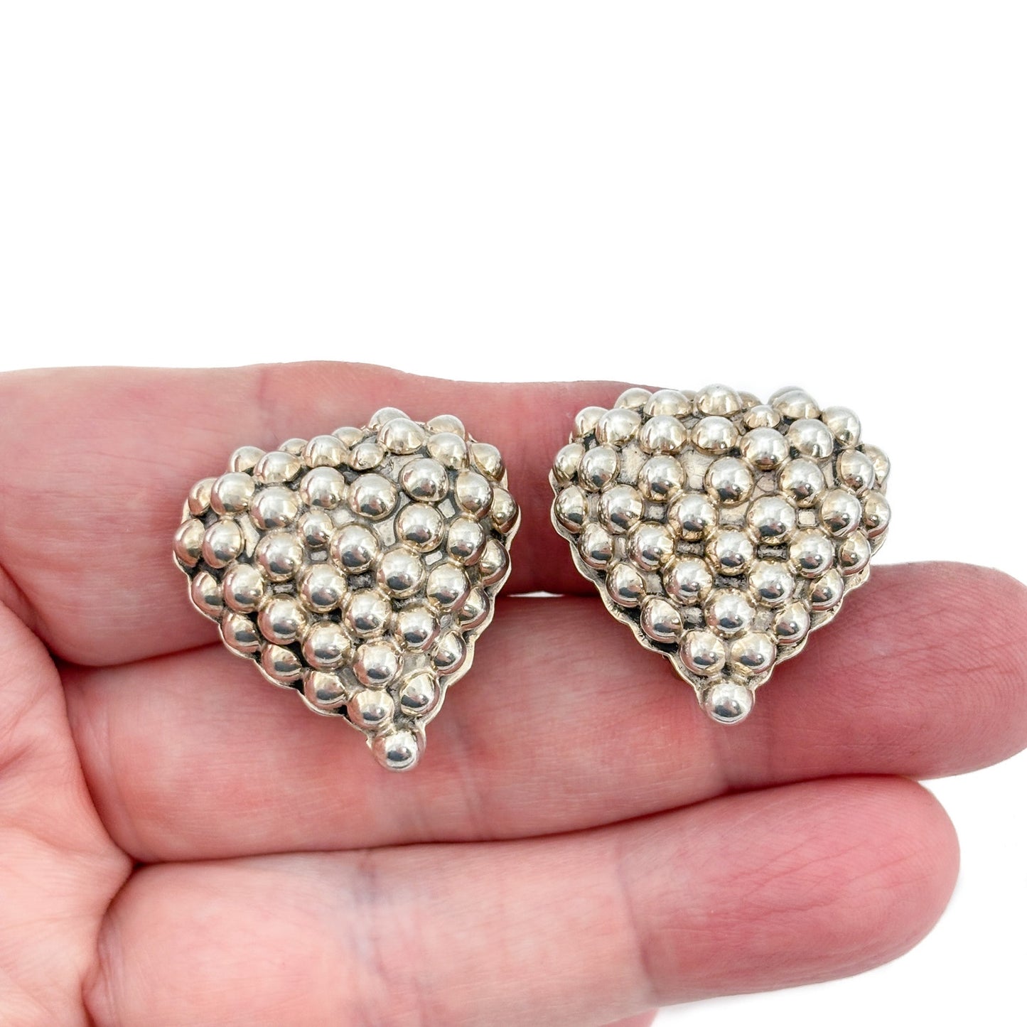 Vintage Sterling Silver 925 Beaded Heart Clip On Earrings