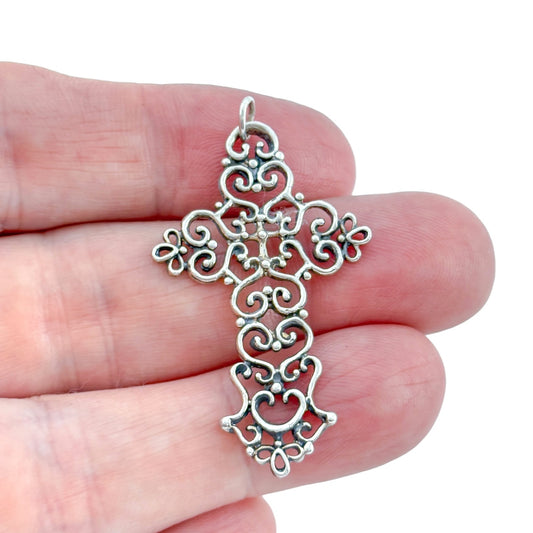 Vintage Sterling Silver 925 Ornate Filigree Cross Pendant