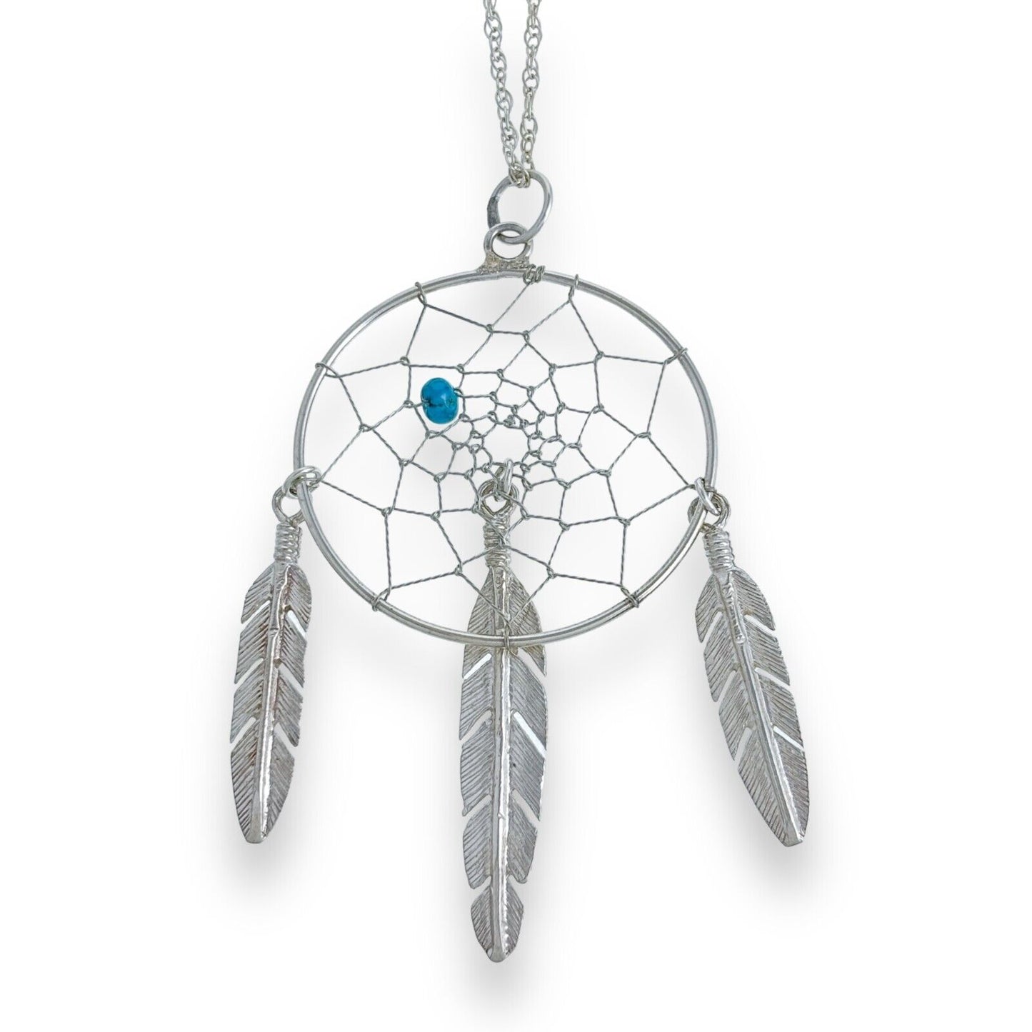 Vintage Silver-Tone Turquoise Bead Feather Charm Dreamcatcher Pendant ONLY