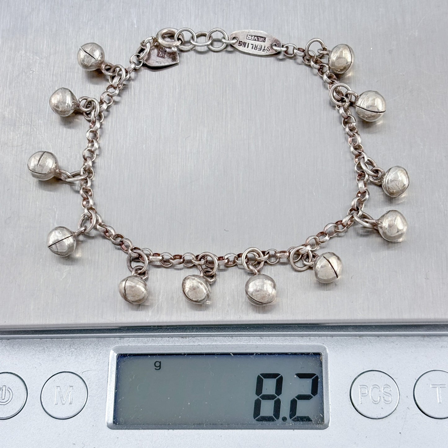 Vintage Sterling Silver 925 Bell Charm Bracelet 7"
