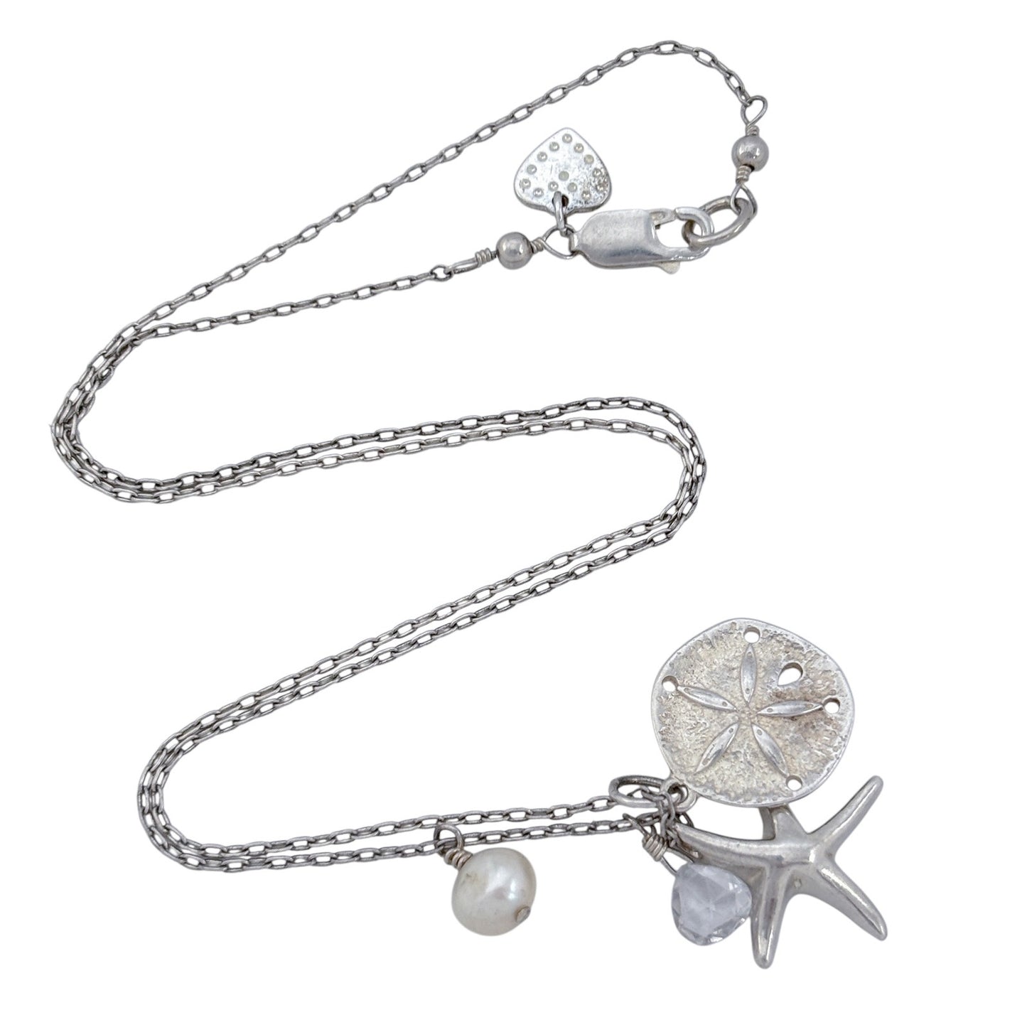 Vintage Sterling Silver 925 Sand Dollar Starfish Pearl Necklace 17.5"
