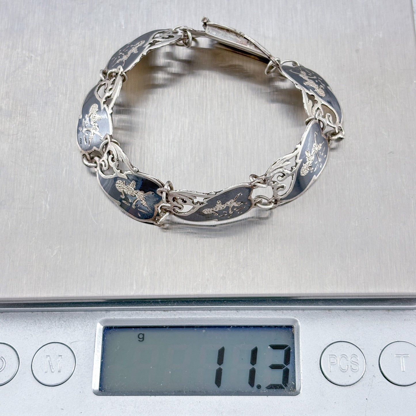 Vintage Sterling Silver 925 Black Niello Siam Dancer Bracelet 6"