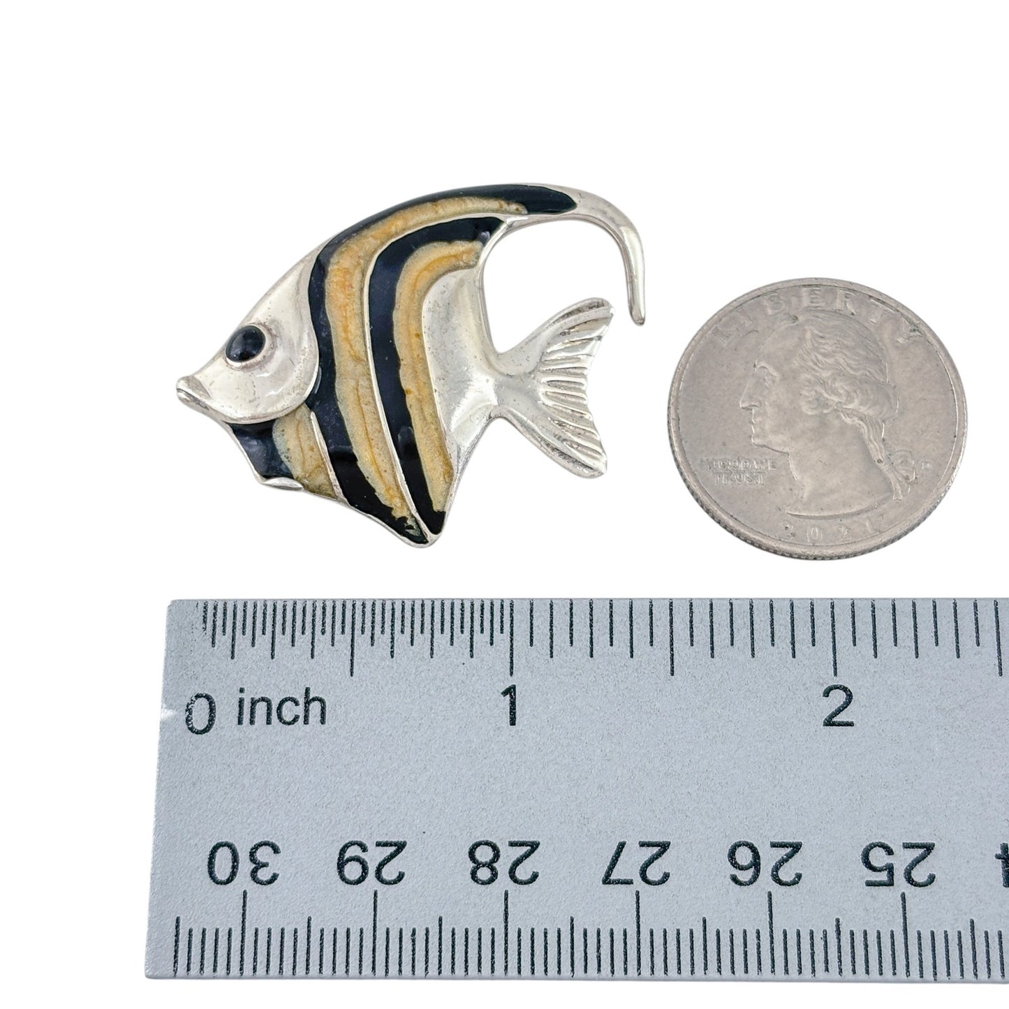 Vintage Sterling Silver 925 Enamel Fish Onyx Eye Brooch