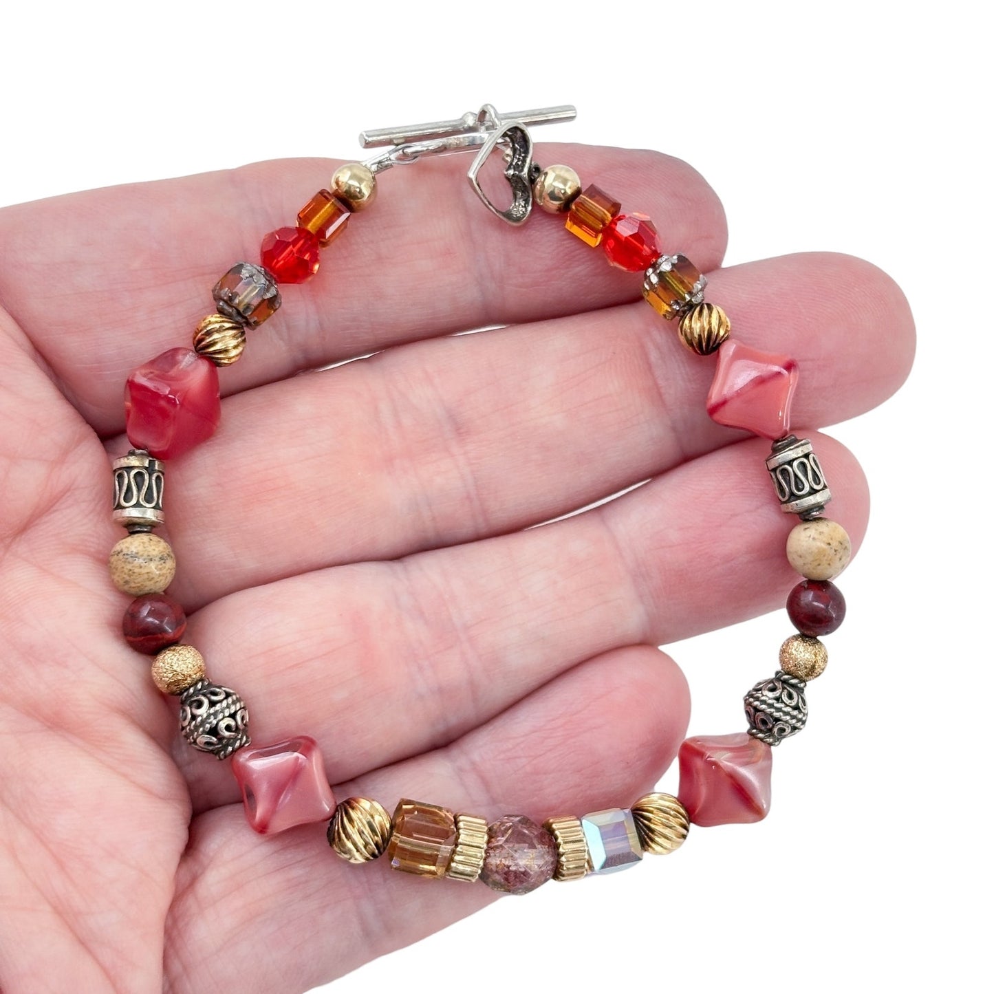 Estate Sterling Silver 925 Red Beaded Bracelet 8.5"