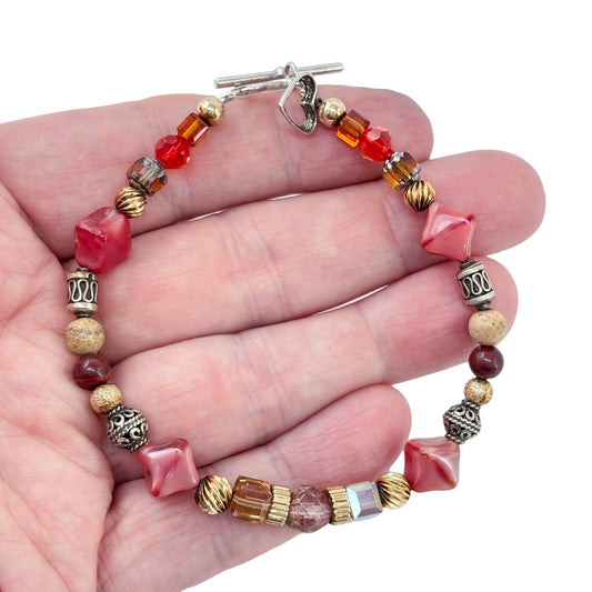 Estate Sterling Silver 925 Red Beaded Bracelet 8.5"