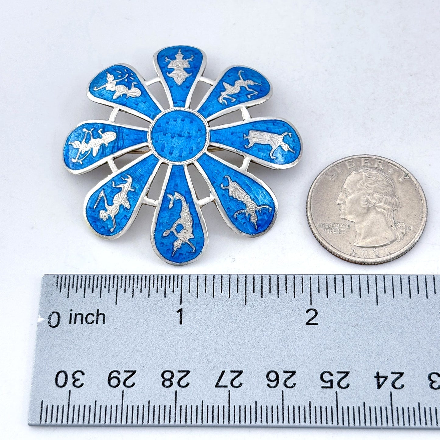 Vintage Sterling Silver 925 Siam Blue Enamel Flower Brooch