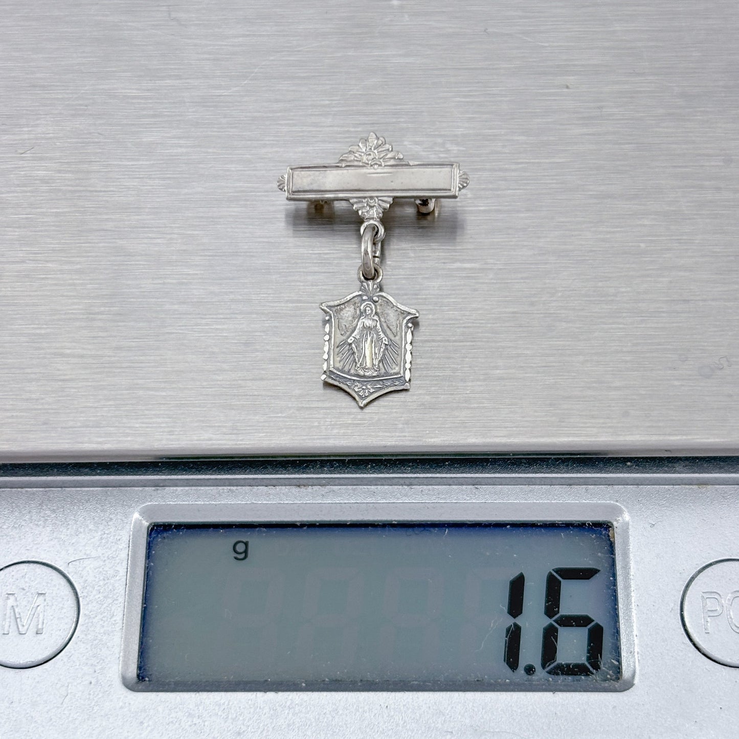 Vintage Sterling Silver 925 Miraculous Medal Bar Pin Brooch