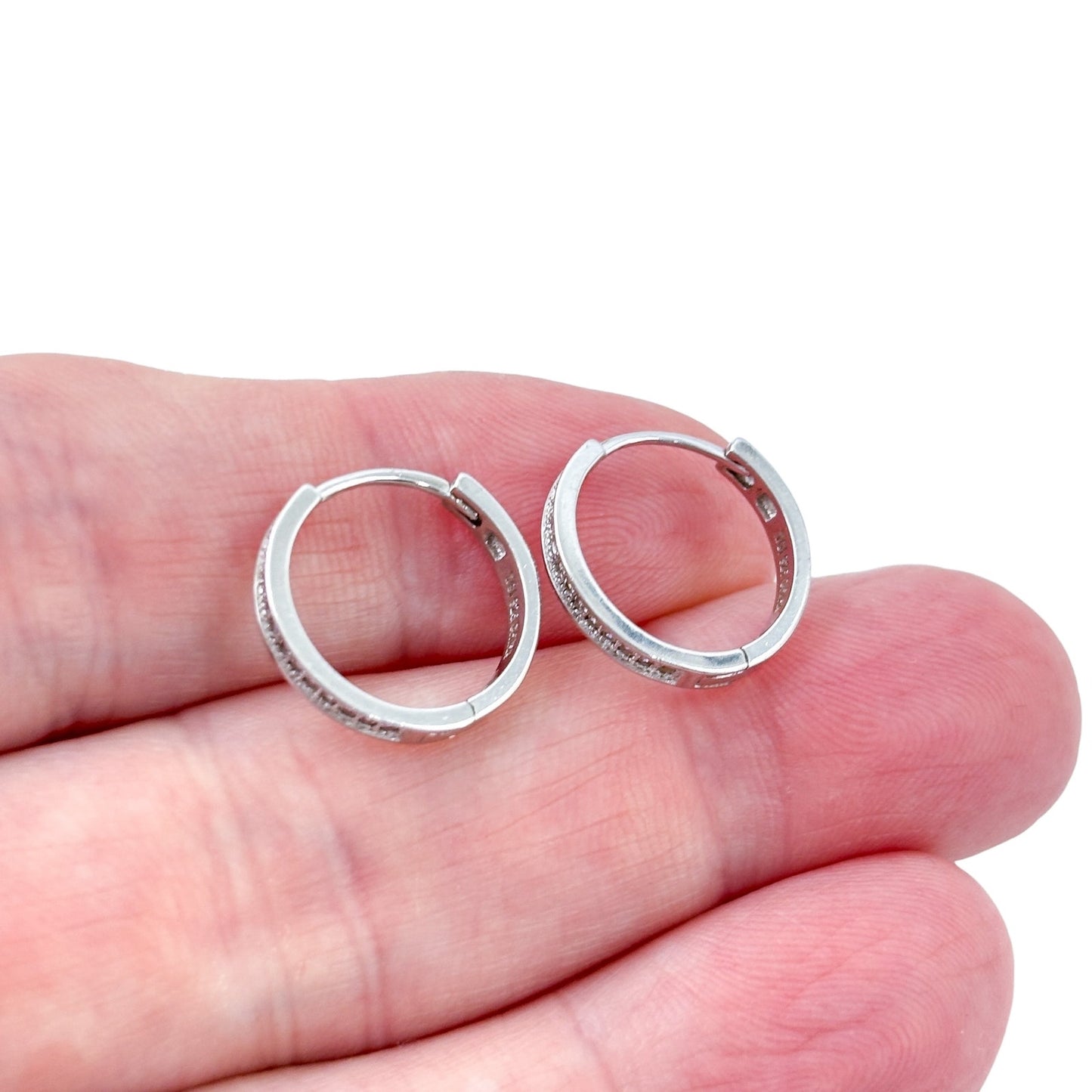 Vintage Sterling Silver 925 Diamond 0.14ctw Huggie Hoop Earrings