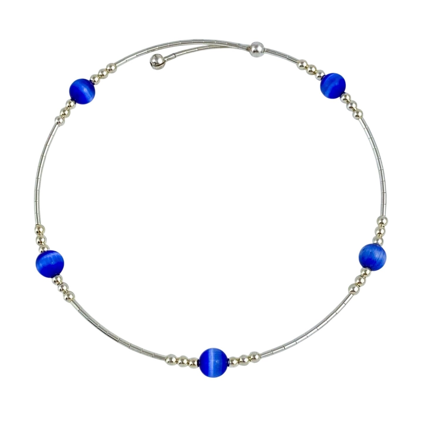Vintage Sterling Silver 925 Blue Cat’s Eye Memory Wire Bracelet 7.5"