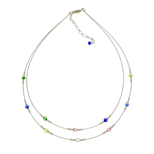 Vintage Sterling Silver 925 Multicolor Cat’s Eye Necklace 15.5-18"
