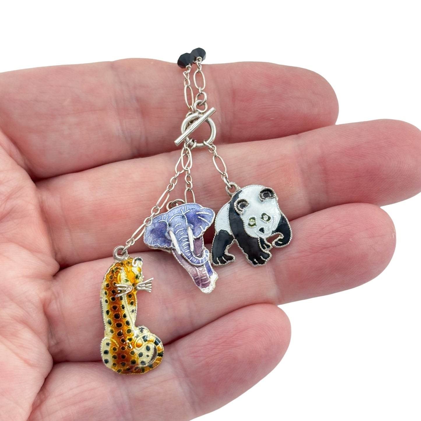 Vintage Sterling Silver 925 Zoo Panda Elephant Leopard Necklace 16"
