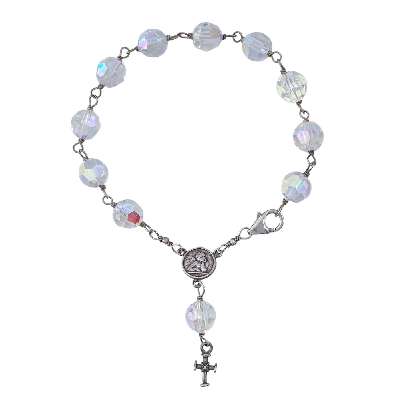 Vintage Sterling Silver 925 Aurora Borealis AB Rosary Bracelet 7.25"