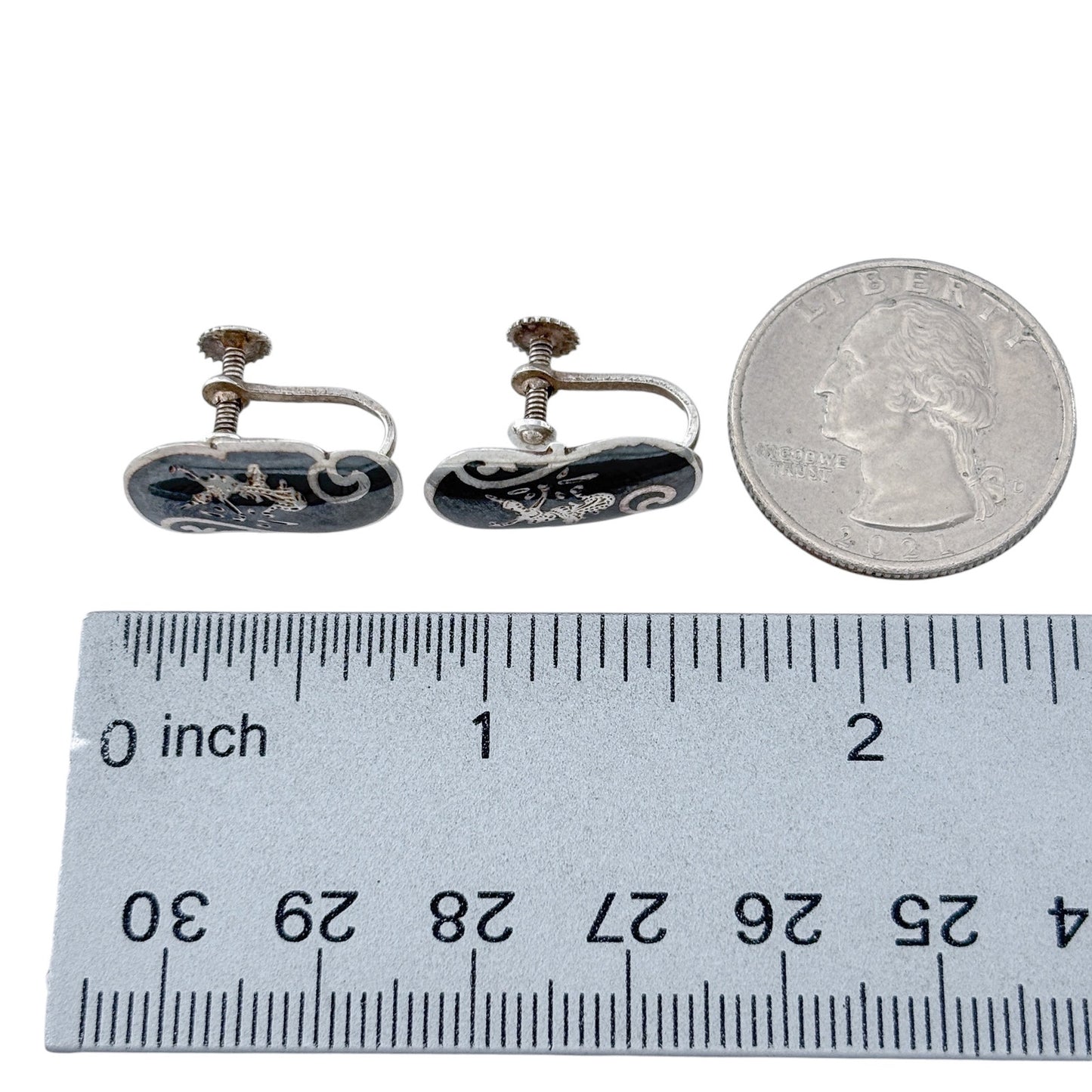 Vintage Siam Sterling Silver 925 Black Niello Dancer Screwback Earrings