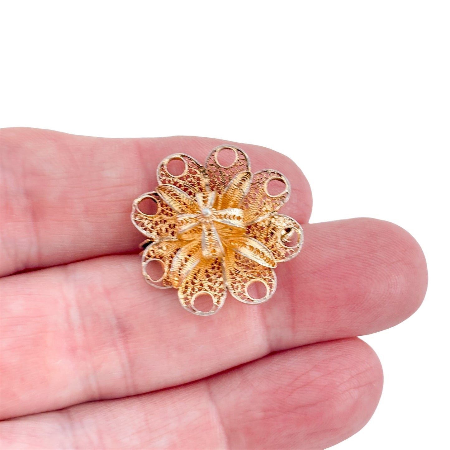 Vintage Gold-Tone Sterling Silver 925 Filigree Flower Brooch