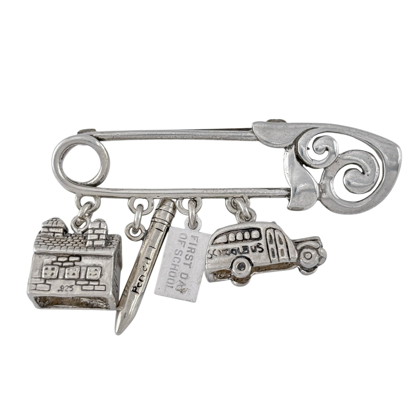 Vintage Sterling Silver 925 First Day School Charm Safety Pin Brooch