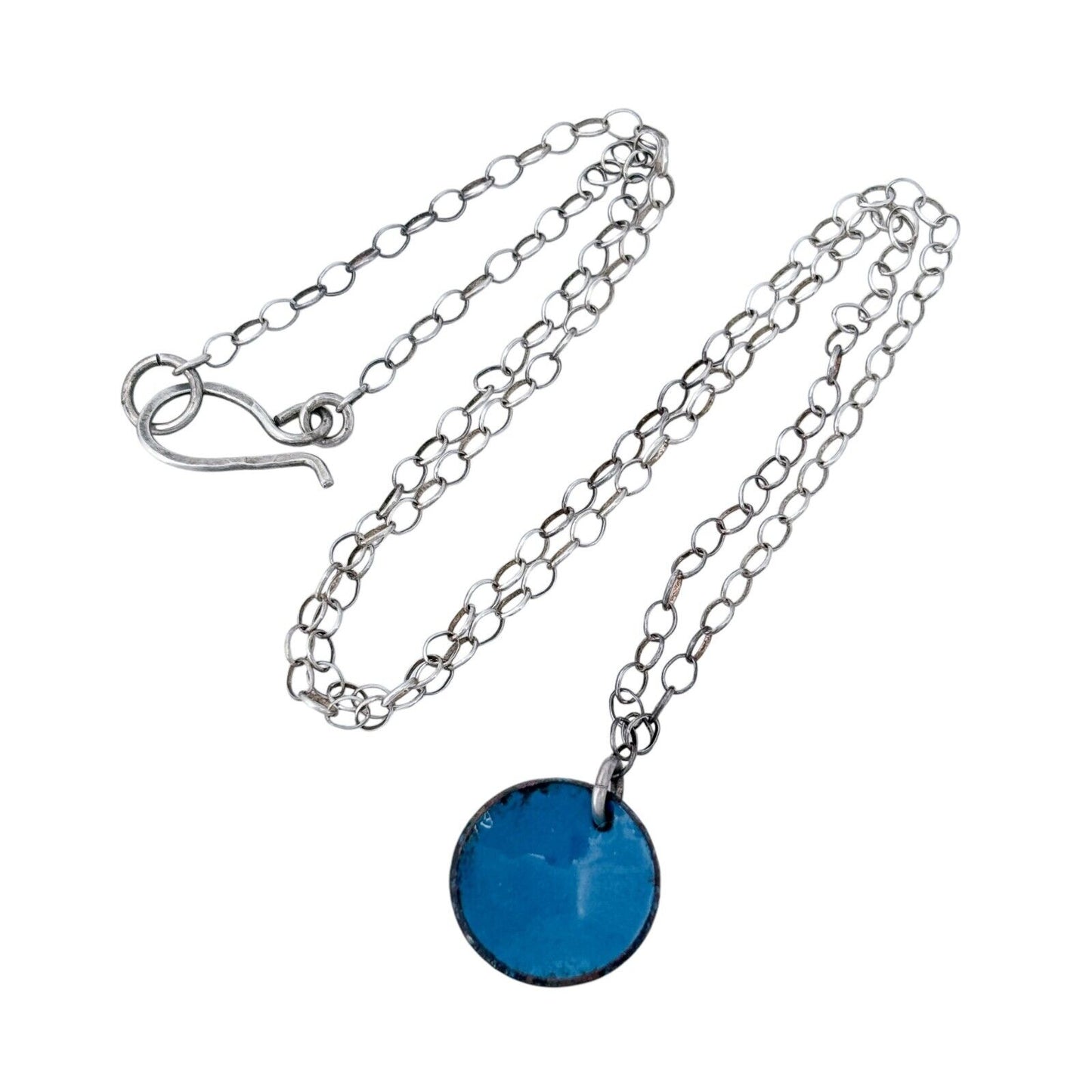 Vintage Silver-Tone Chain Necklace with Blue Enamel Pendant 18.75"
