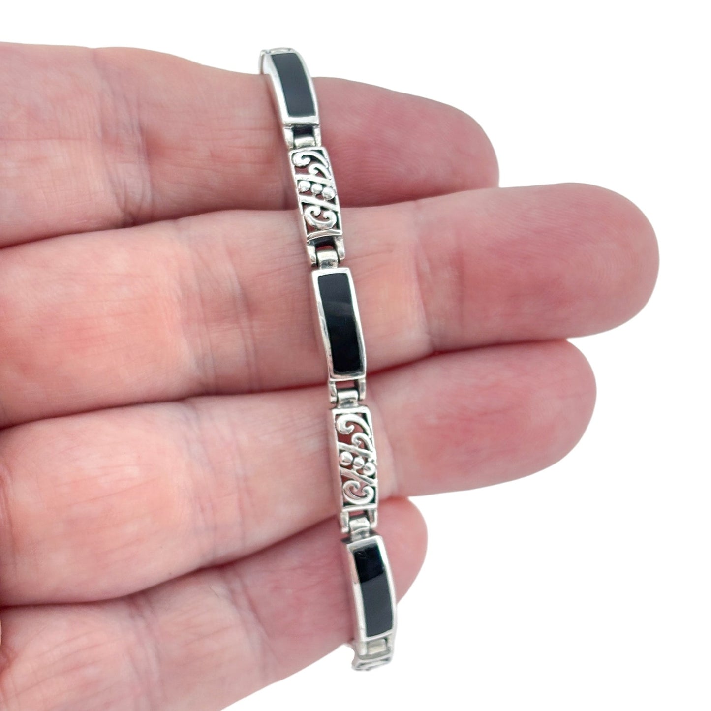 Vintage Sterling Silver 925 Black Onyx Inlay Link Bracelet 7"