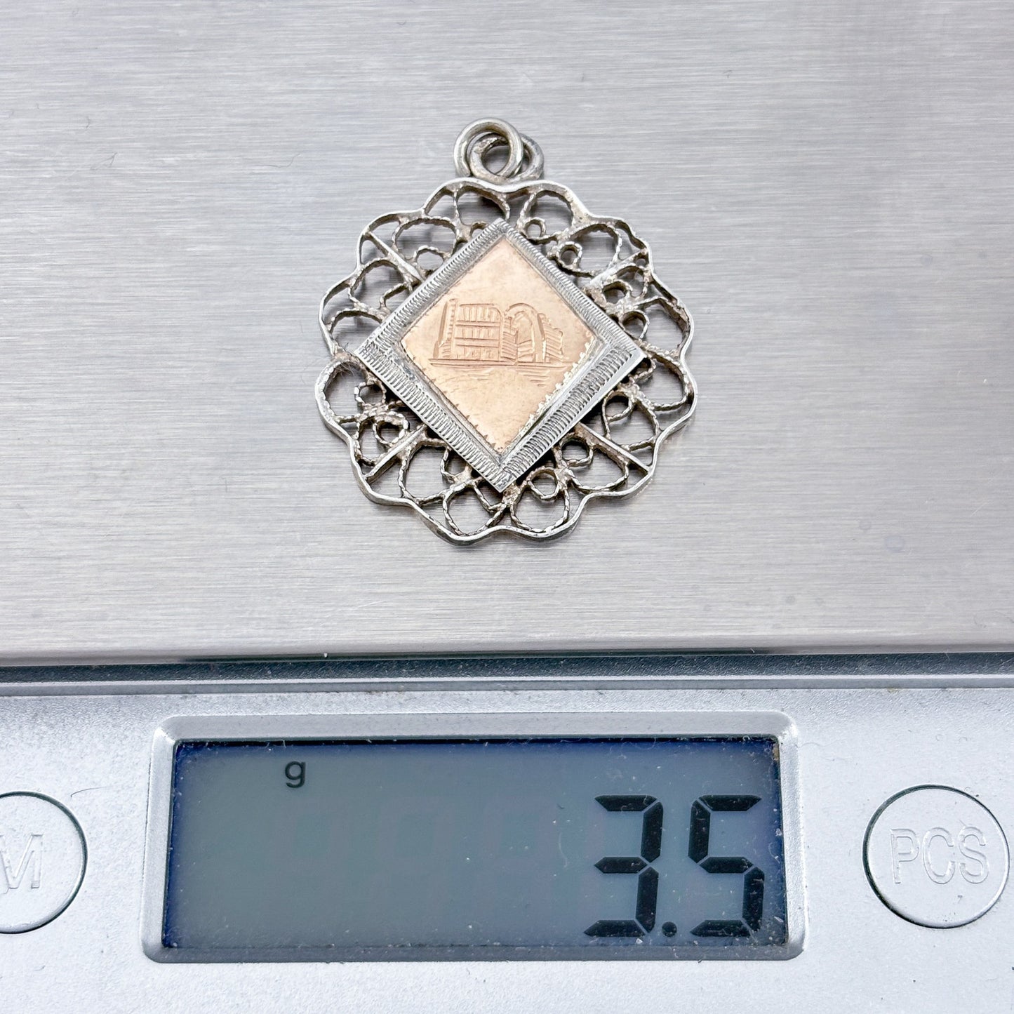 Antique Sterling Silver 925 Gold-Tone Etched Pendant
