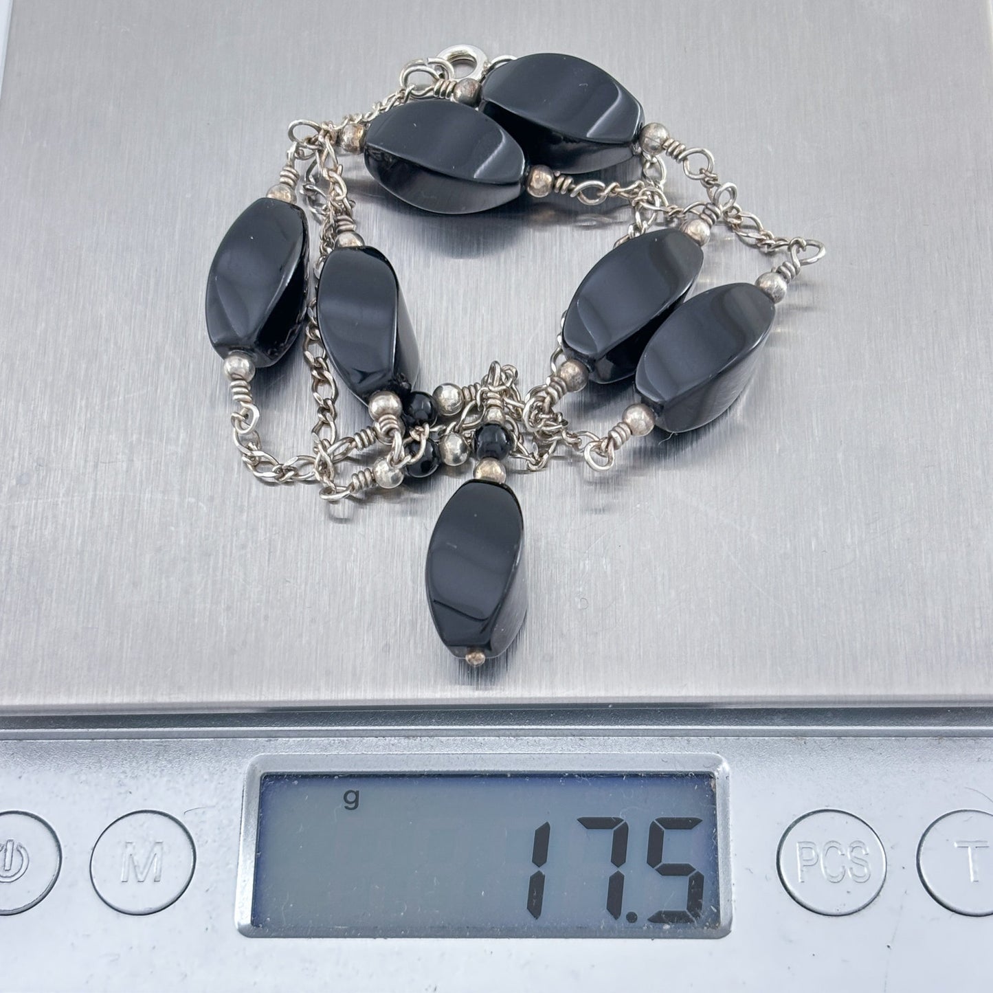 Vintage Sterling Silver Black Onyx Bead Necklace 18"