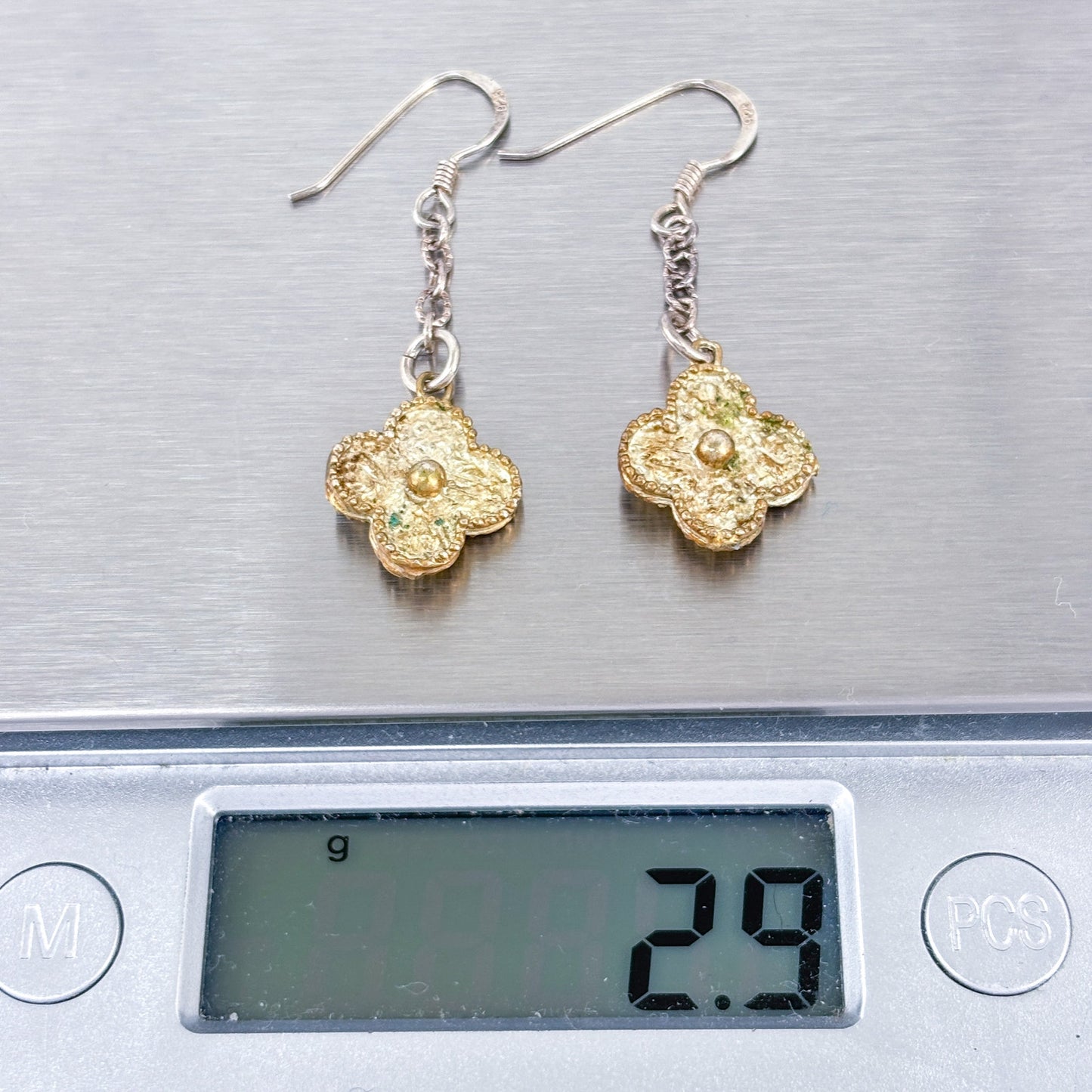 Vintage Sterling Silver 925 Gold Tone Clover Dangle Earrings