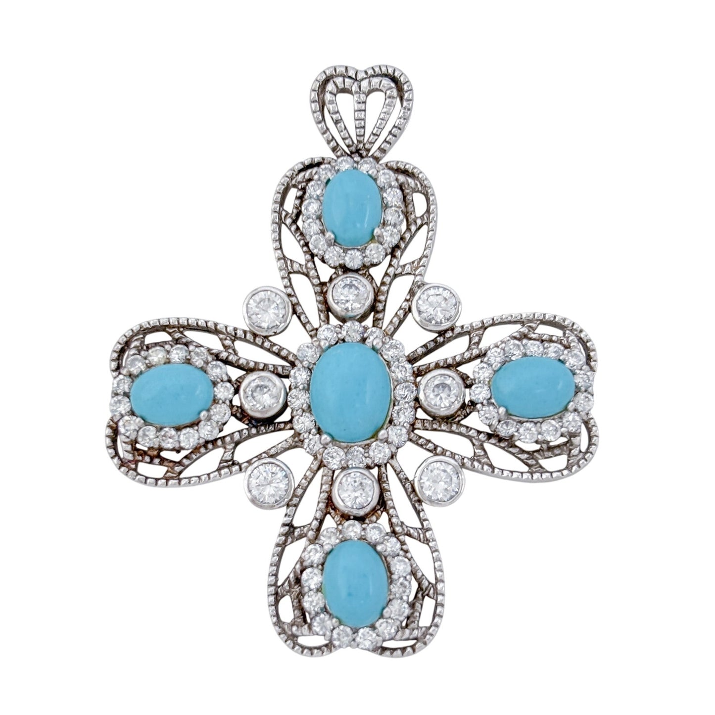 Vintage Sterling Silver 925 Turquoise Cubic Zirconia Cross Pendant