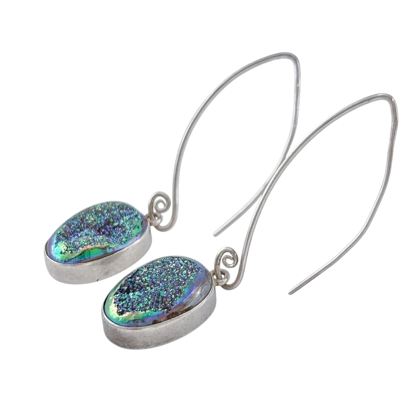 Vintage Sterling Silver 925 Blue Green Druzy Oval Earrings
