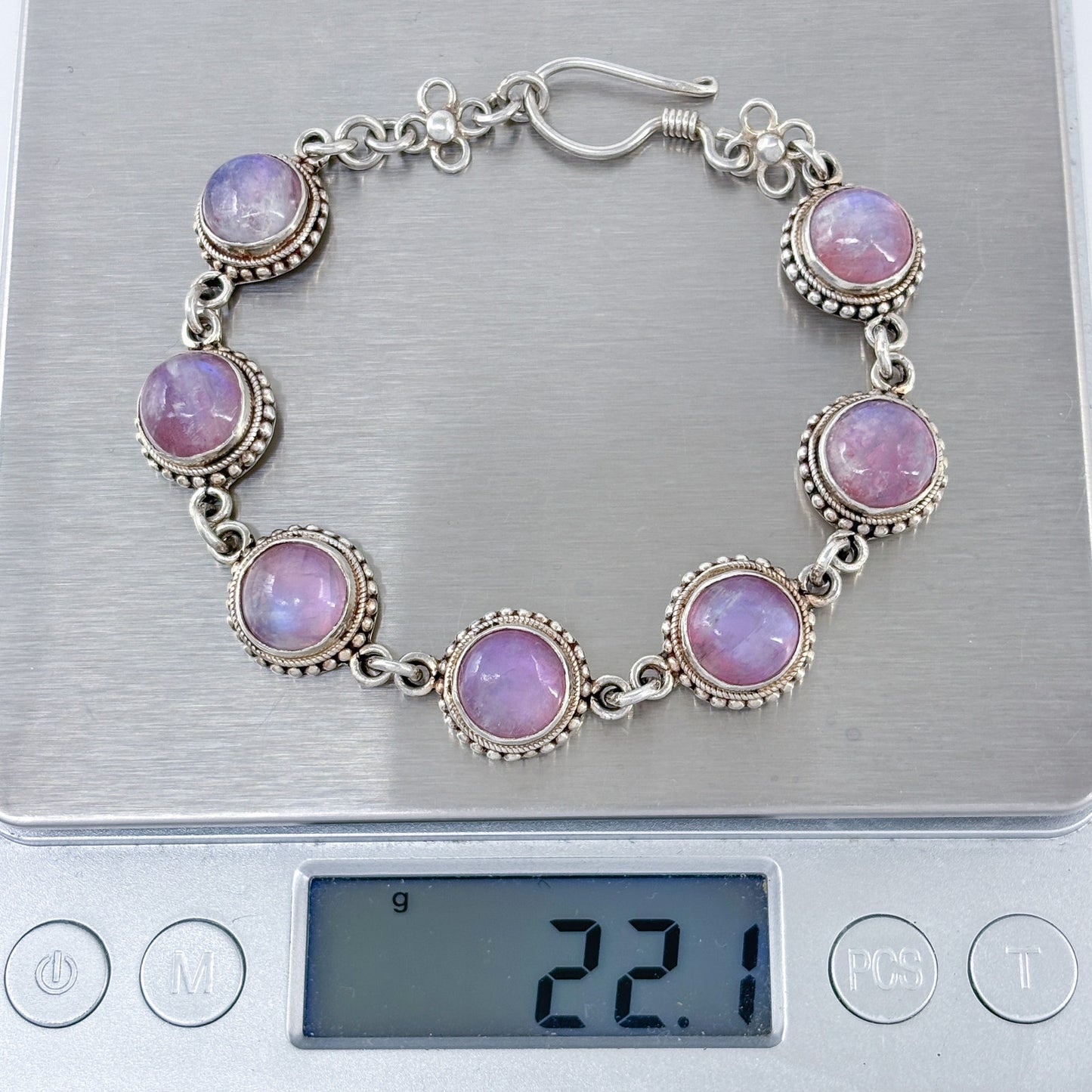 Vintage Sterling Silver 925 Pink Rainbow Moonstone Link Bracelet 7.5"