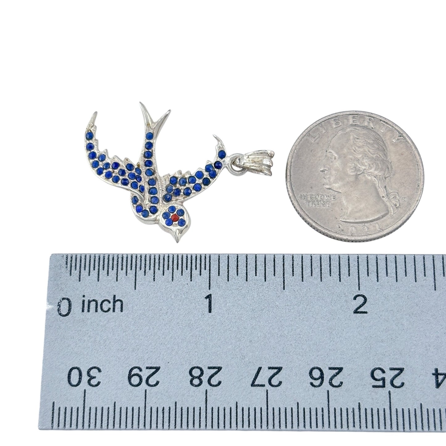 Vintage Sterling Silver 925 Blue Crystal Swallow Bird Pendant