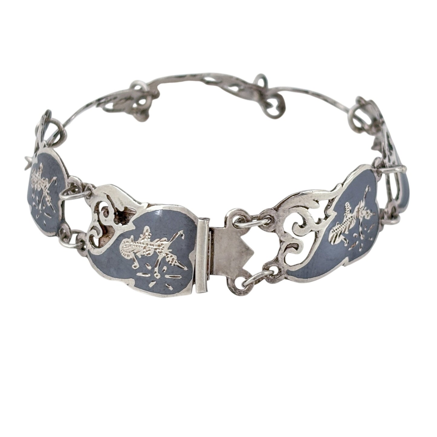 Vintage Sterling Silver 925 Black Niello Siam Dancer Bracelet 6"