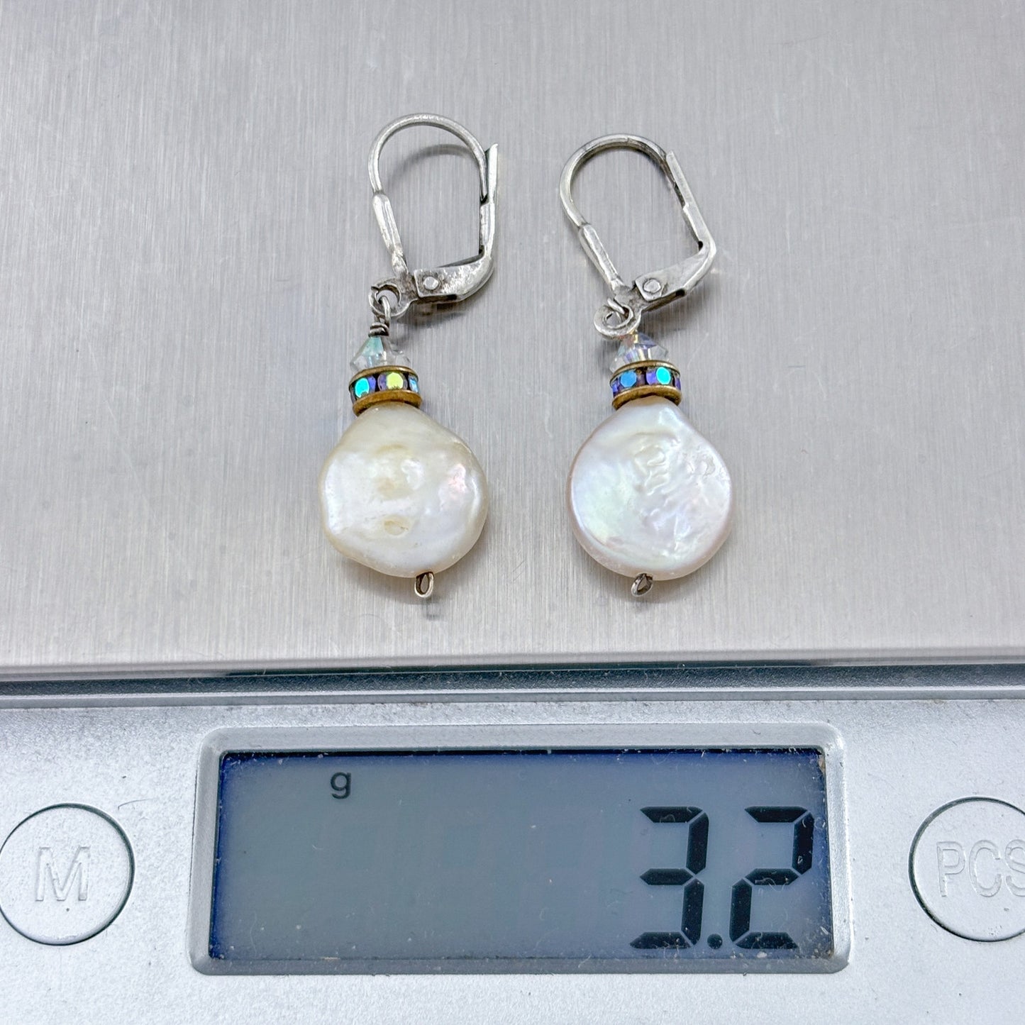 Vintage Sterling Silver 925 White Coin Pearl & Crystal Dangle Earrings