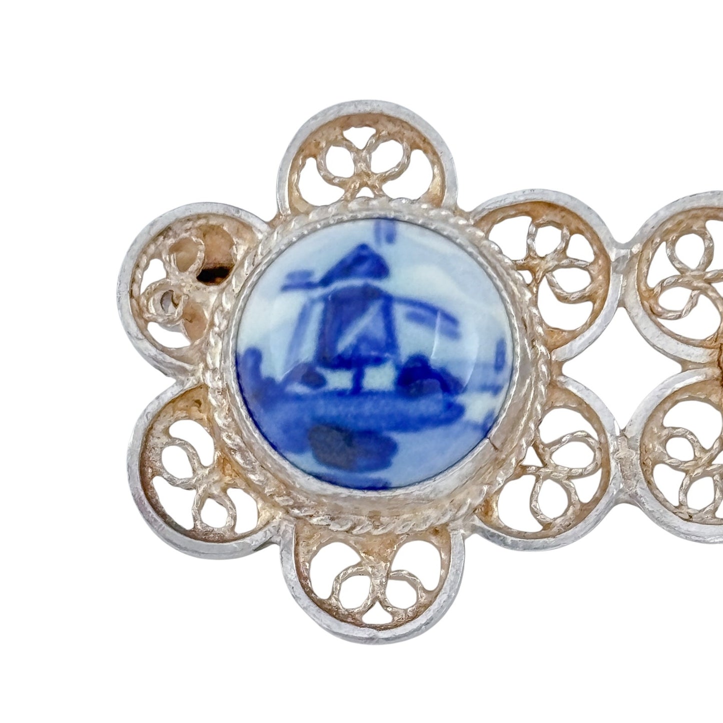 Vintage Sterling Silver 925 Delft 3 Panel Brooch