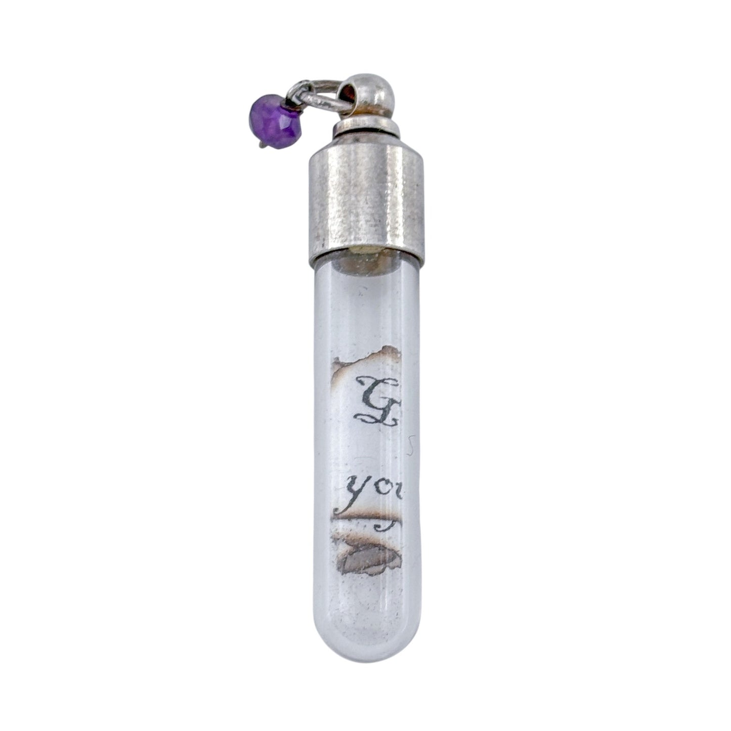 Vintage Sterling Silver 925 Amethyst Charm Secret Message Glass Vial Pendant