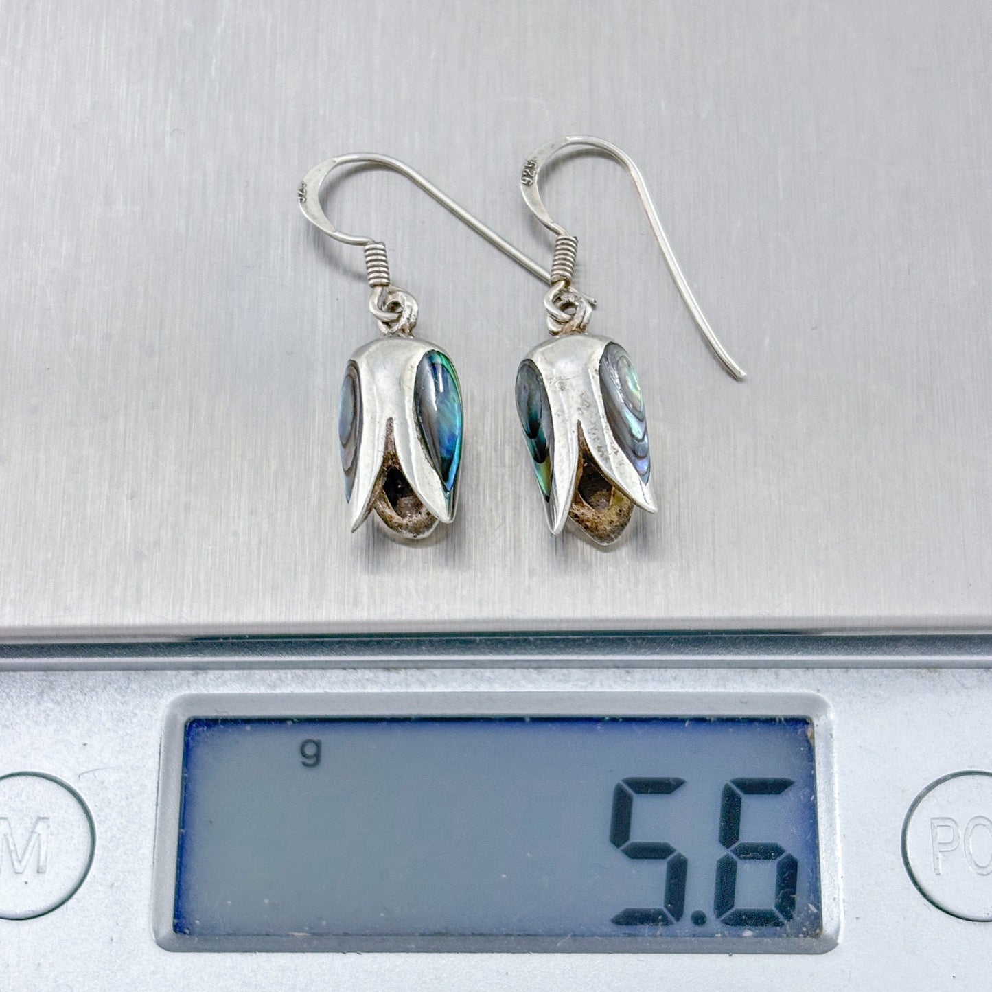 Vintage Sterling Silver 925 Abalone Tulip Dangle Earrings