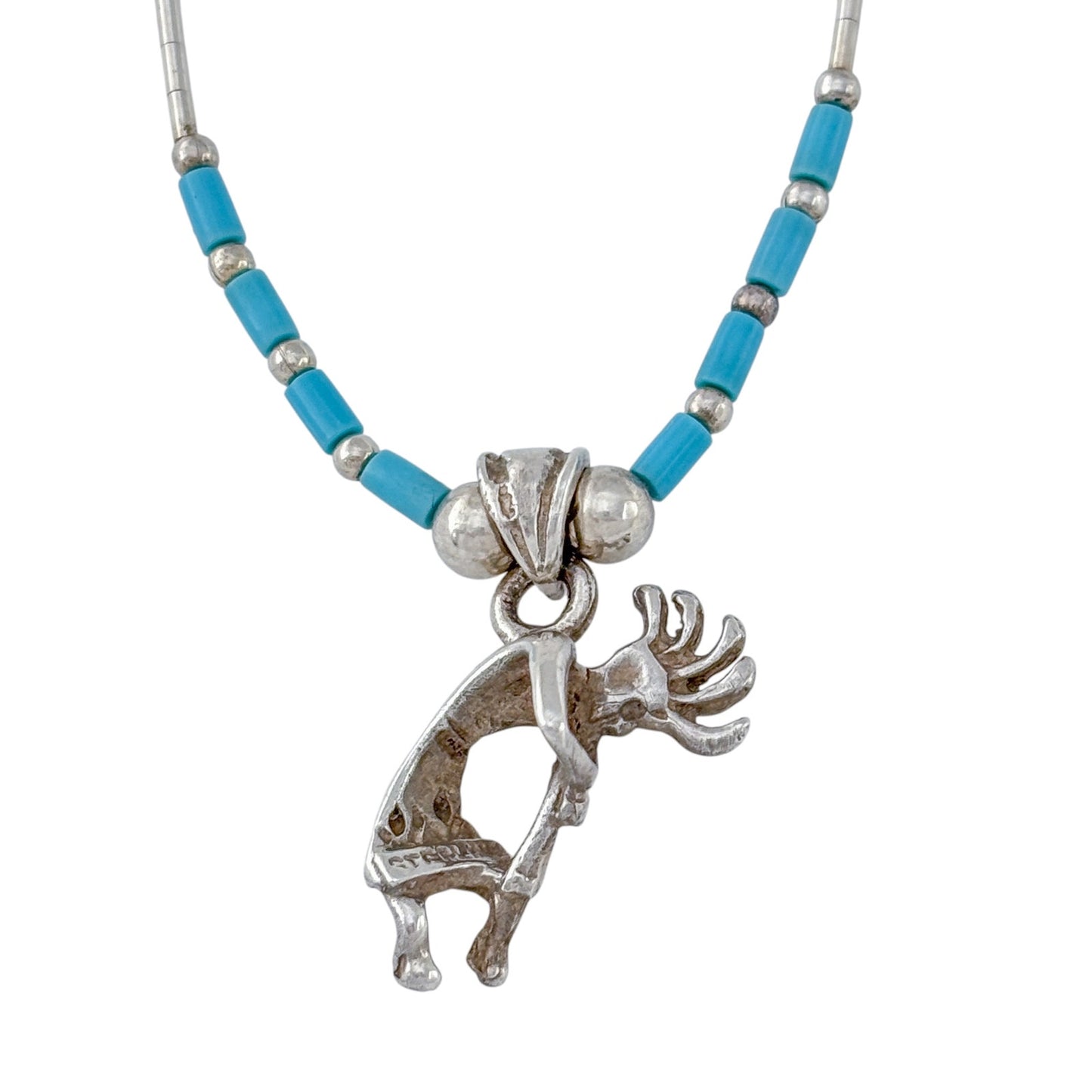 Vintage Sterling Liquid Silver 925 Turquoise Kokopelli Necklace 16.5"