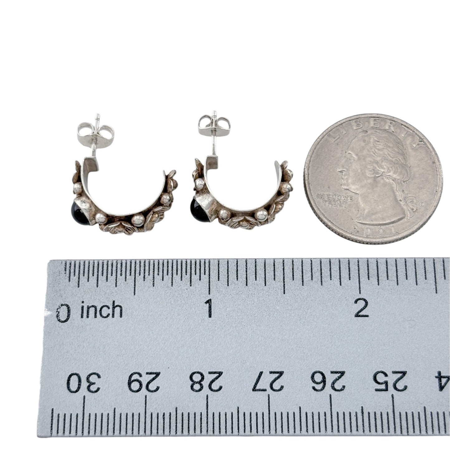 Vintage Sterling Silver 925 Onyx Floral Hoop Earrings