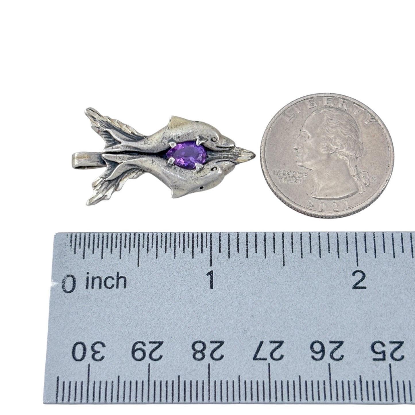 Vintage Sterling Silver 925 Amethyst Twin Dolphin Pendant