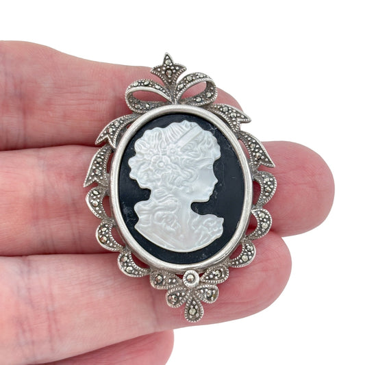 Vintage Sterling Silver 925 Marcasite Onyx Mother Of Pearl Cameo Brooch