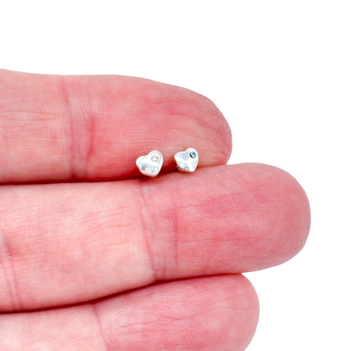 Vintage Sterling Silver 925 Blue White Crystal Heart Stud Earrings