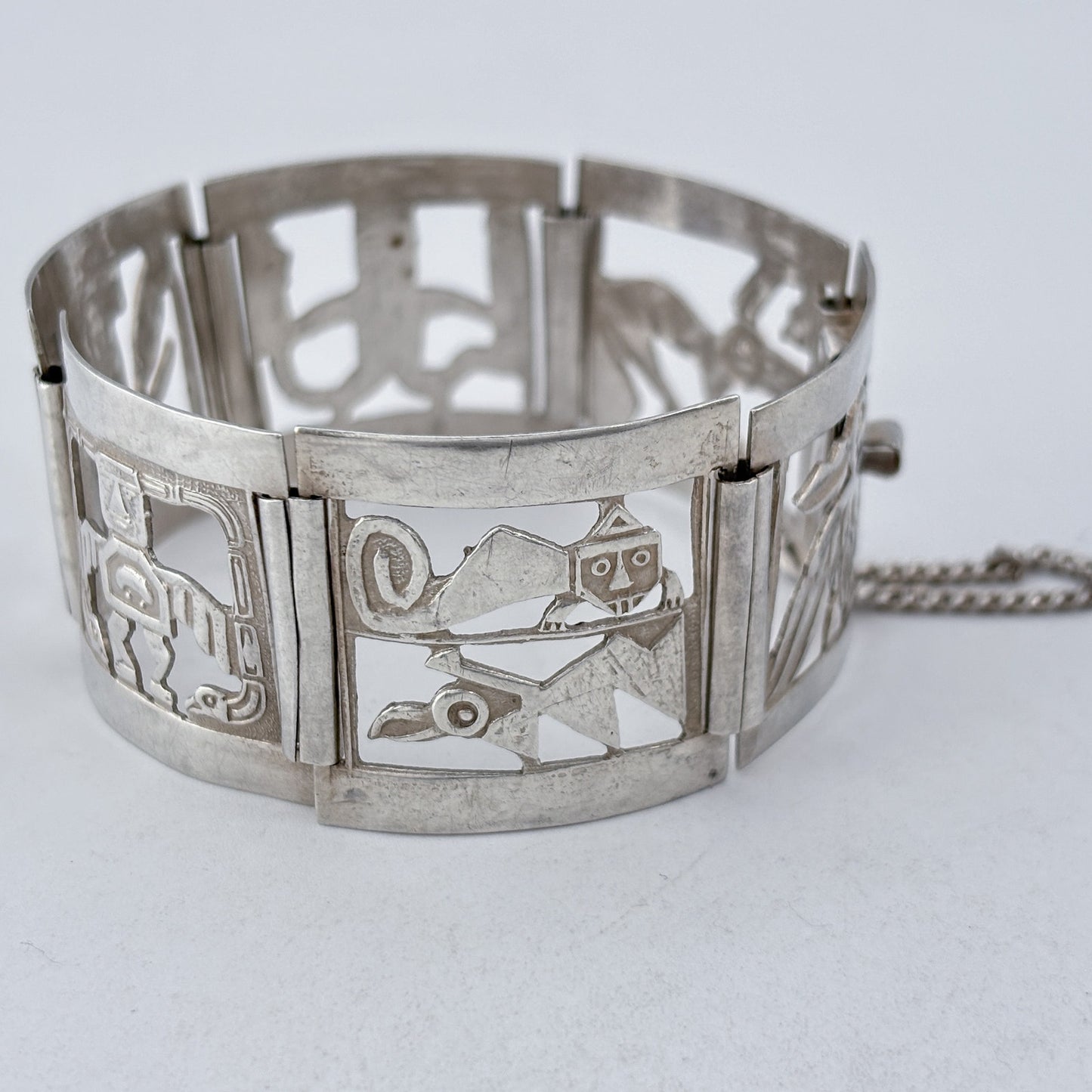 Vintage Sterling Silver 925 Peruvian Storyteller Panel Link Bracelet 7"