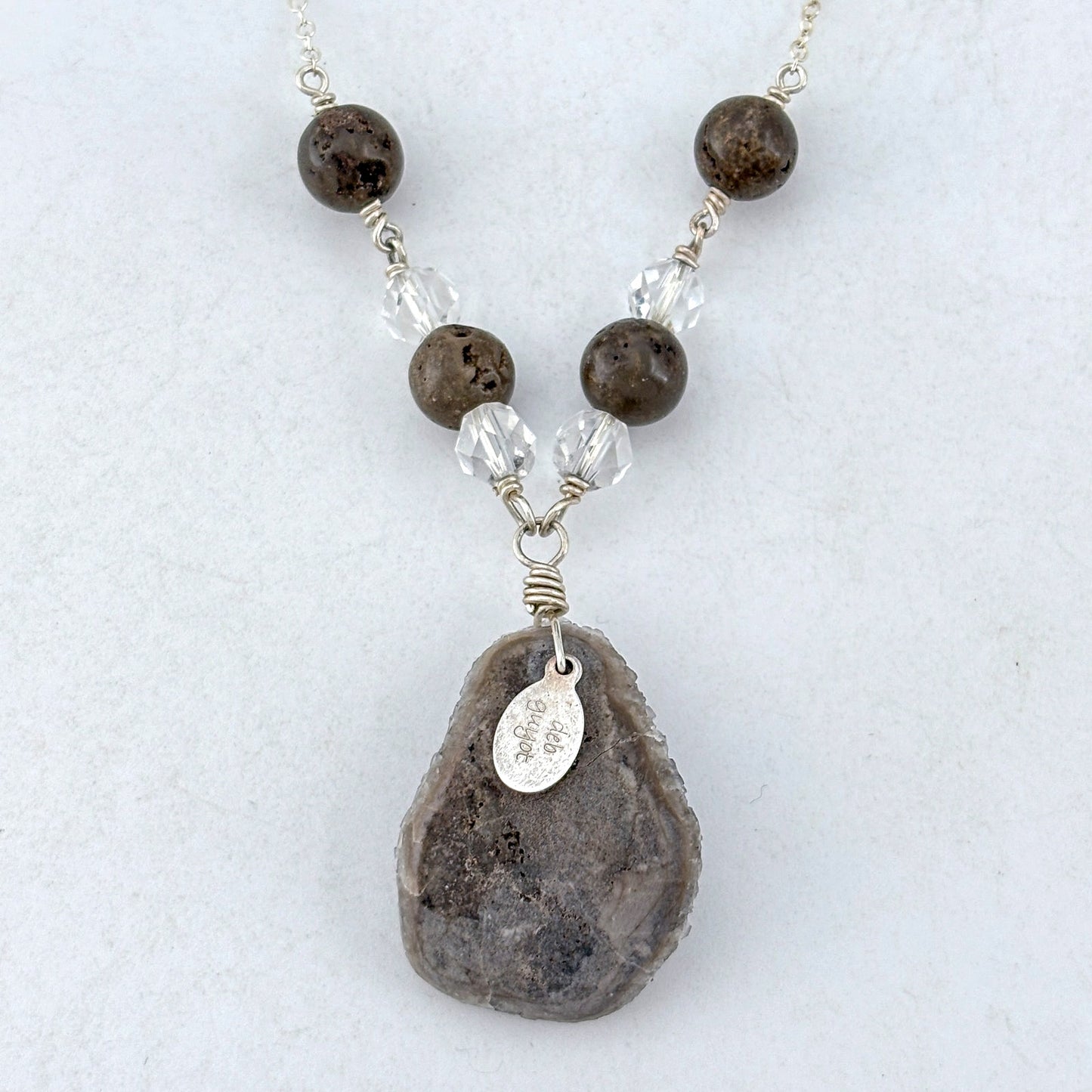 Vintage Deb Guyot Sterling Silver 925 Druzy Smoky Quartz Pendant Necklace 30"