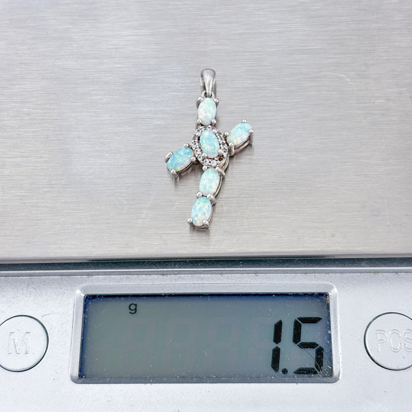 Vintage Sterling Silver 925 Opal Cubic Zirconia (missing 1 stone) Cross Pendant