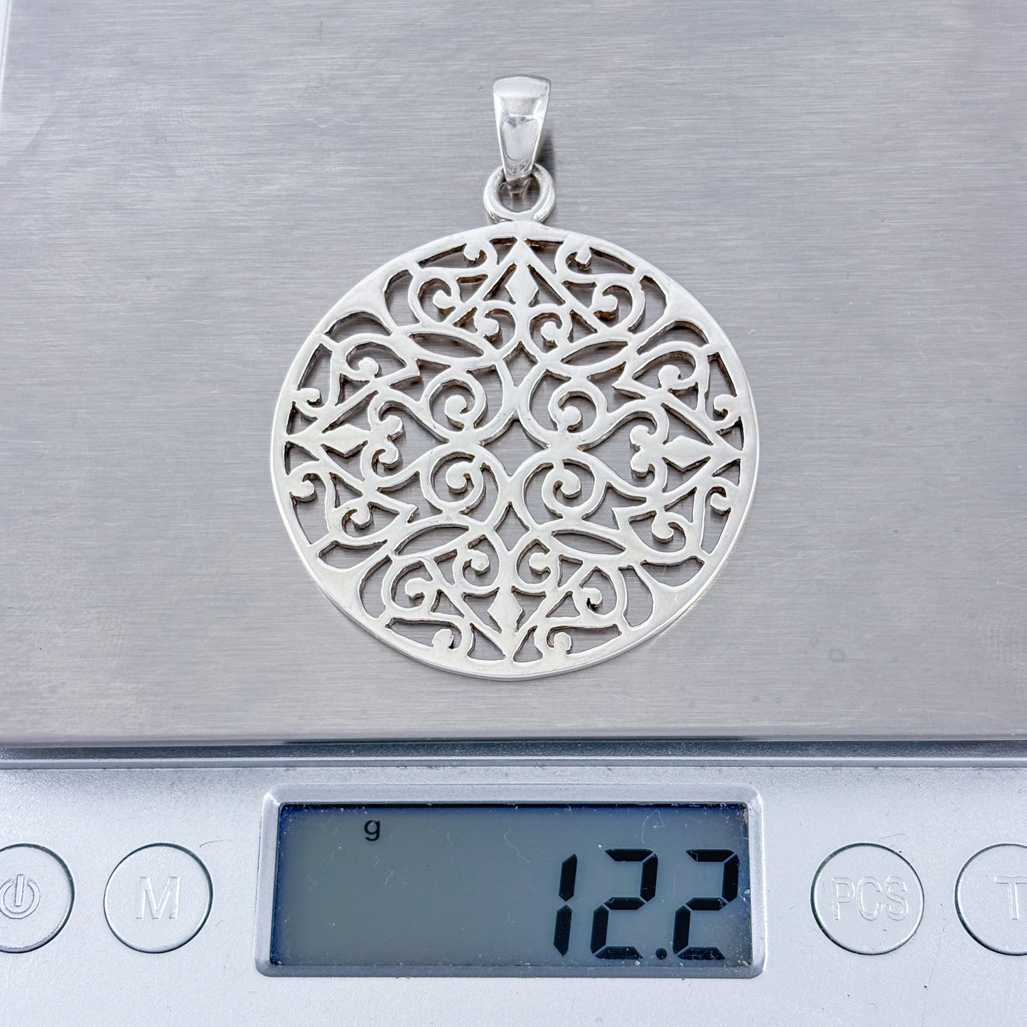 Vintage Sterling Silver 925 Filigree Cutout Disk Pendant