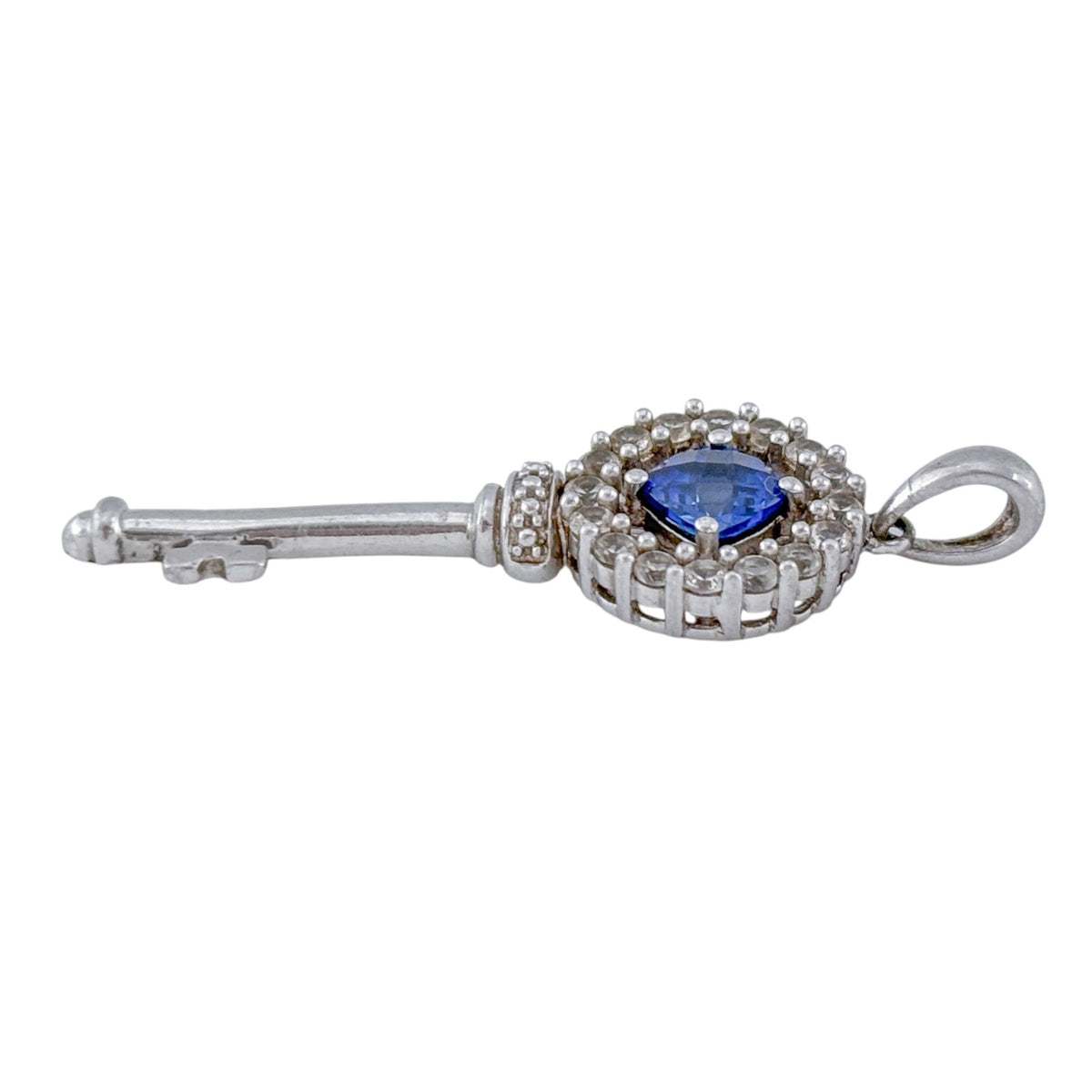 Vintage Sterling Silver 925 Lab Created Blue & White Sapphire Key Pendant