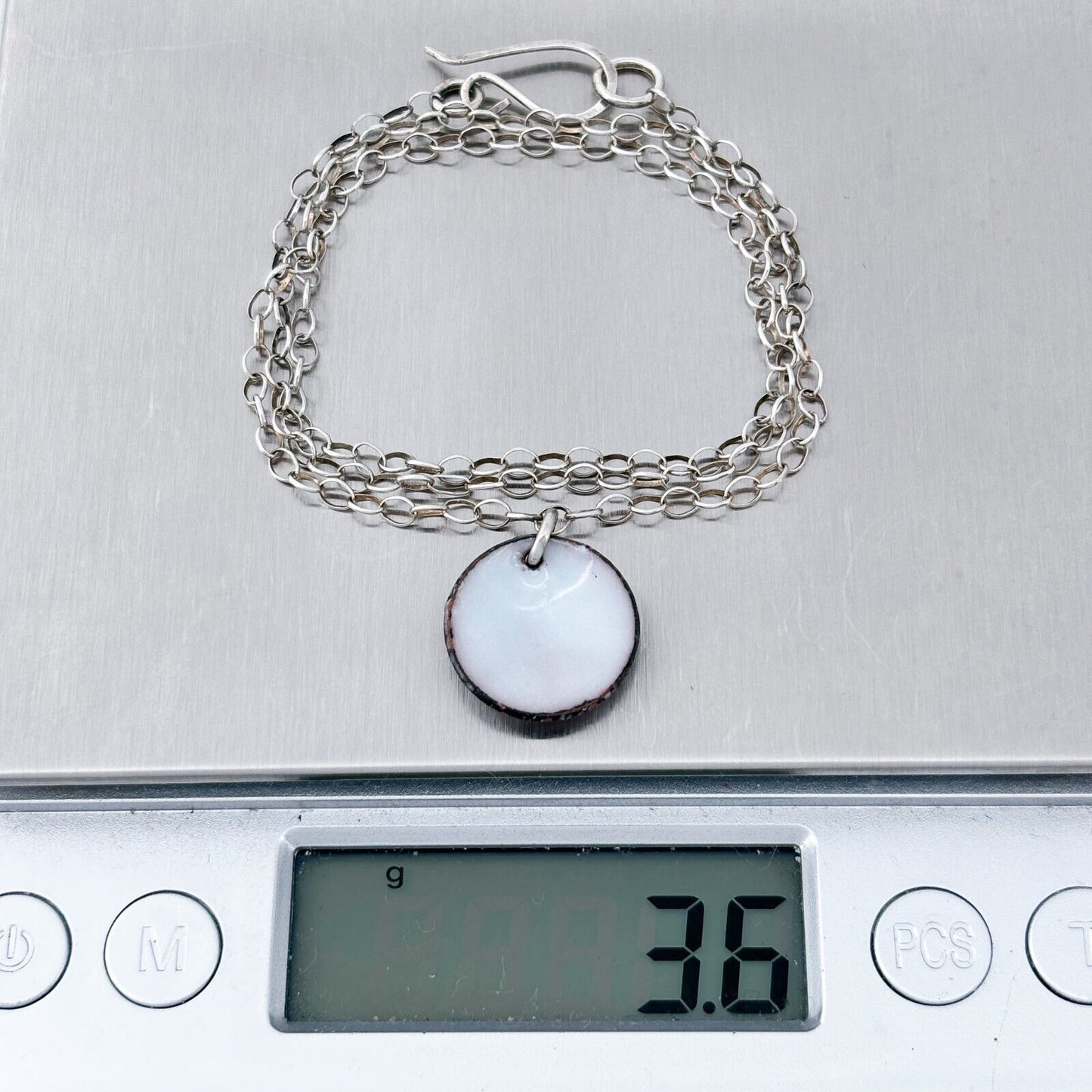 Vintage Silver-Tone Chain Necklace with White Enamel Disk Pendant 16.75"